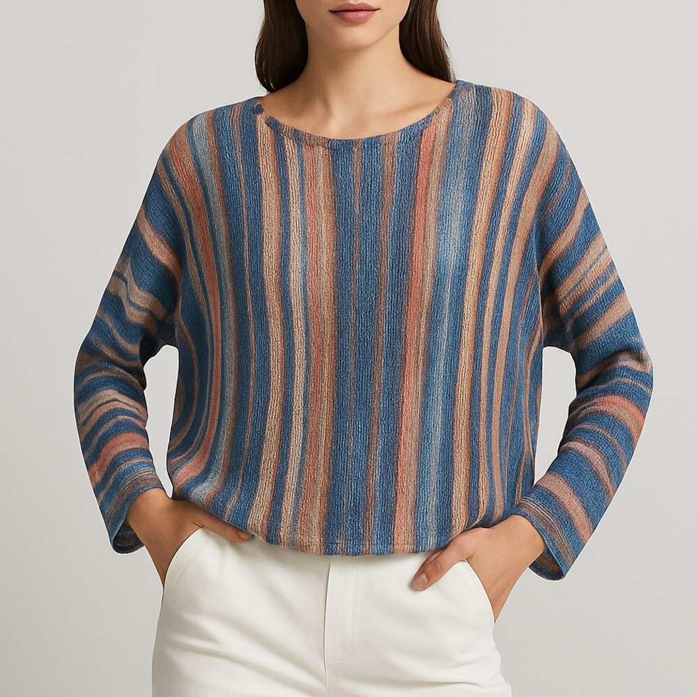 🆕 M Collection Made in Italy Striped Knit Top Blue Orange Mesh Size M Casual